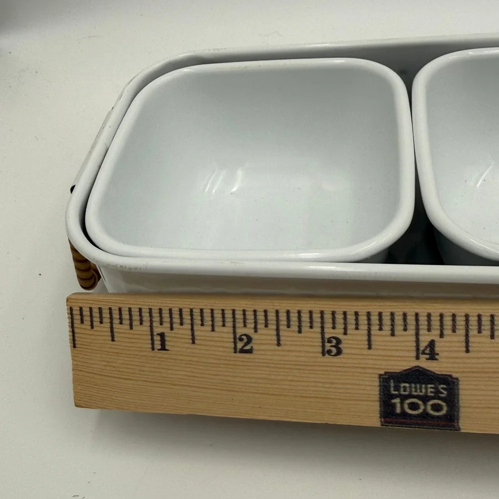 White Enamel Metal Condiment Server Set 4 Bowls Rectangular Tray Rattan Handles